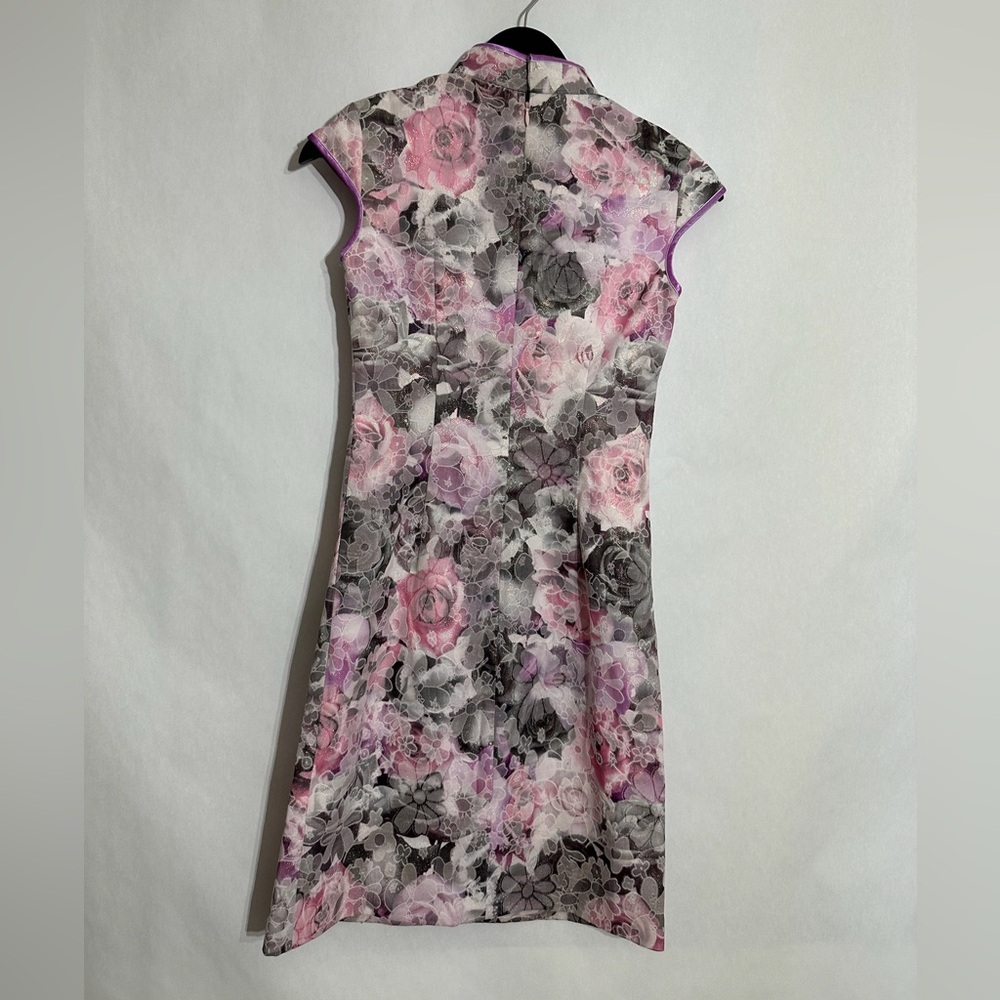 Peve Pink & Gray Floral Cheongsam Qipao Brocade Dress Size Small Vintage - Picture 4 of 9
